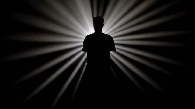 一位武术大师的黑影在一道强烈的白光前施展技艺，摆出各种姿势，散发出呈放射状的光芒。