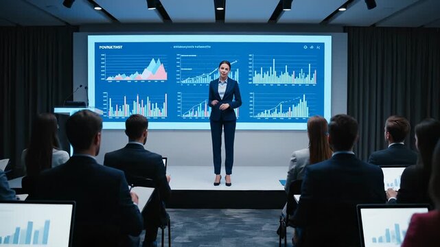 Woman gives presentation on stage. Business leader points to chart on screen. Audience watches with laptop and digital notes. Data chart shows growth trend. Professional meeting in modern office.