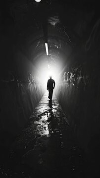 Dark tunnel with man walking towards light source, sepia tone .