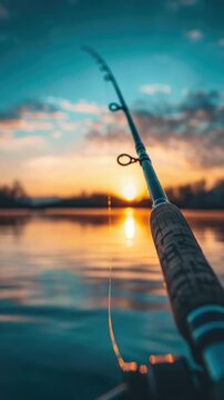 一根钓竿搁在船上，背景是落日余晖，非常适合用于展现户外活动、休闲时光或放松场景