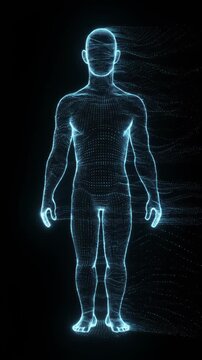 由发光蓝色粒子构成的数字人体凭空出现。