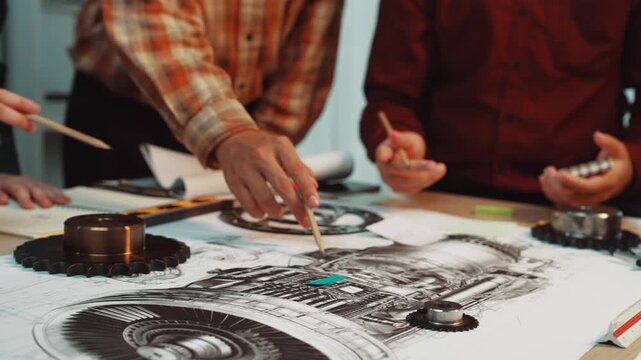 一个充满活力的工作坊，展示了人们参与机械部件设计的场景。参与者们共同绘制技术图纸，彰显了工程领域中的团队合作与创新精神。